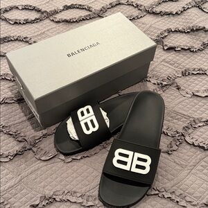 Balenciaga Black and White Wedge Slides